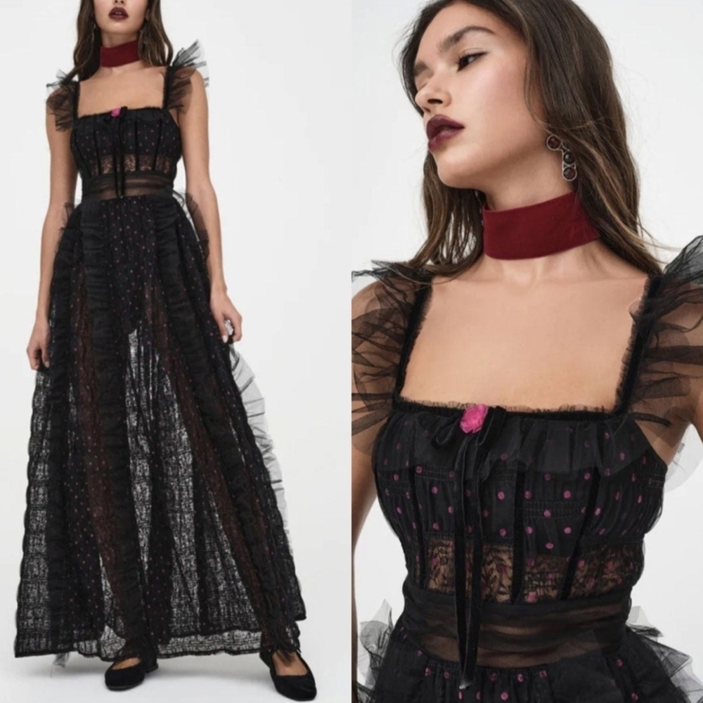 NWT For Love and Lemons Janelle Black Pink Polka Dot Tiered Ruffle Maxi Dress